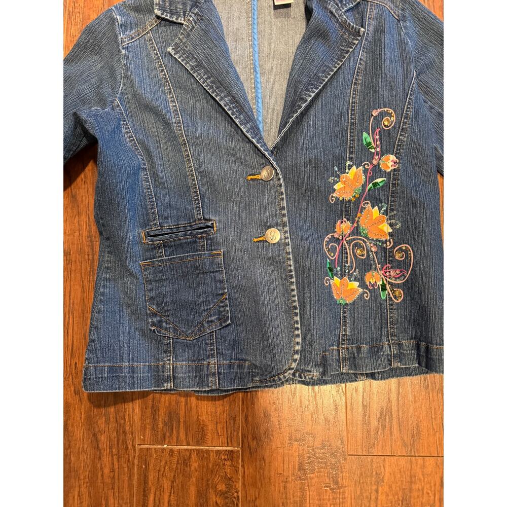 [Vintage] Bill Blass Floral Painted Sequin Denim Stretch Jacket - Size M (21x22)